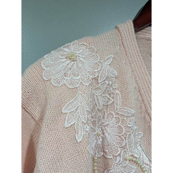 Vintage Jaclyn Smith Faux Wrap Sweater Pink Shoulder Pads White Lace Pearls Sz L - Picture 12 of 16